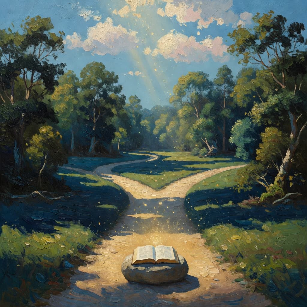 Impressionist oil painting of a serene celestial scene with open Bible and golden light, Sacred palette