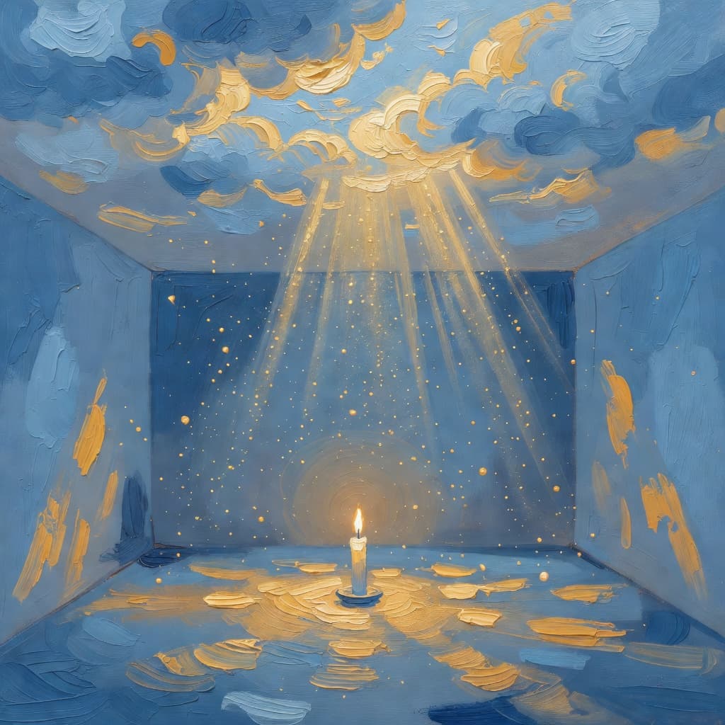 Impressionist oil painting of a serene celestial scene with open Bible and golden light, Sacred palette
