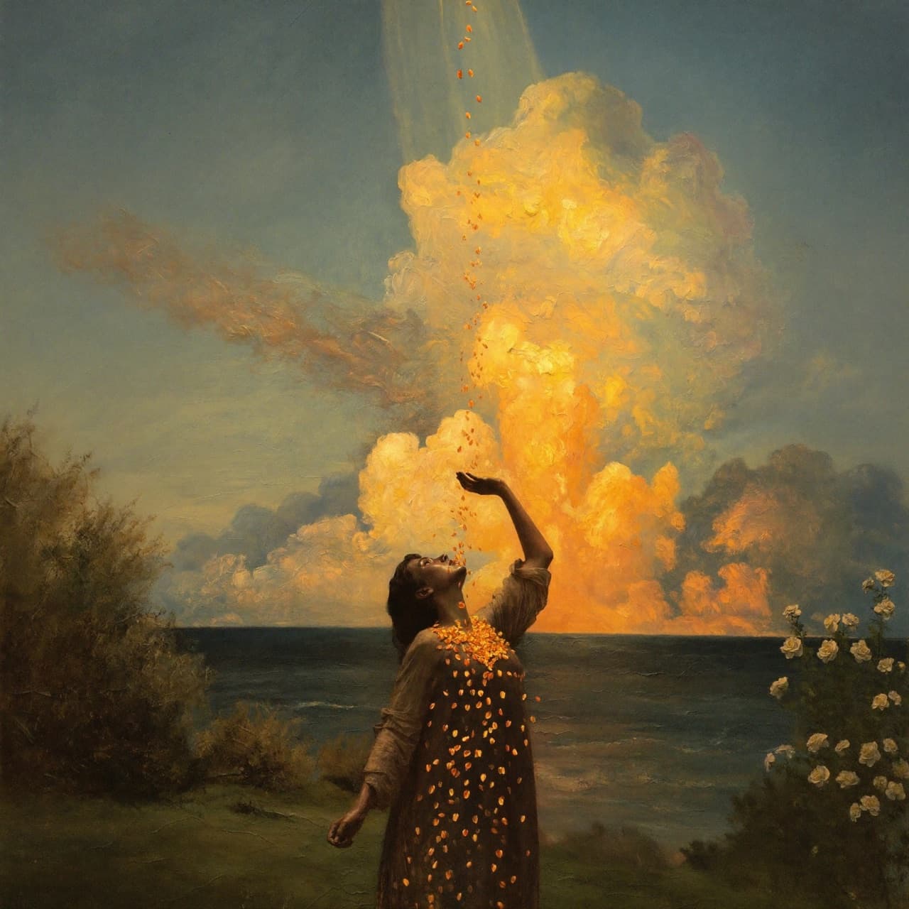 Pintura al óleo impresionista sobre ¿Qué Significa Psalm 37 con luz dorada y nubes sagradas
