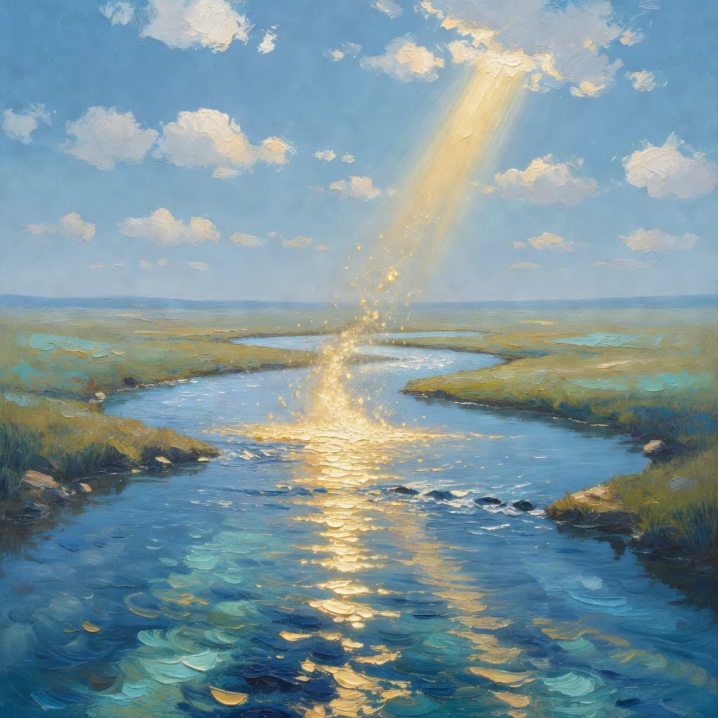 Impressionist oil painting of celestial sky with golden light and Sacred palette