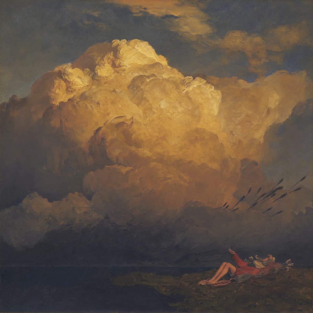 Pintura al óleo impresionista sobre el Salmo 91 con luz dorada y nubes sagradas