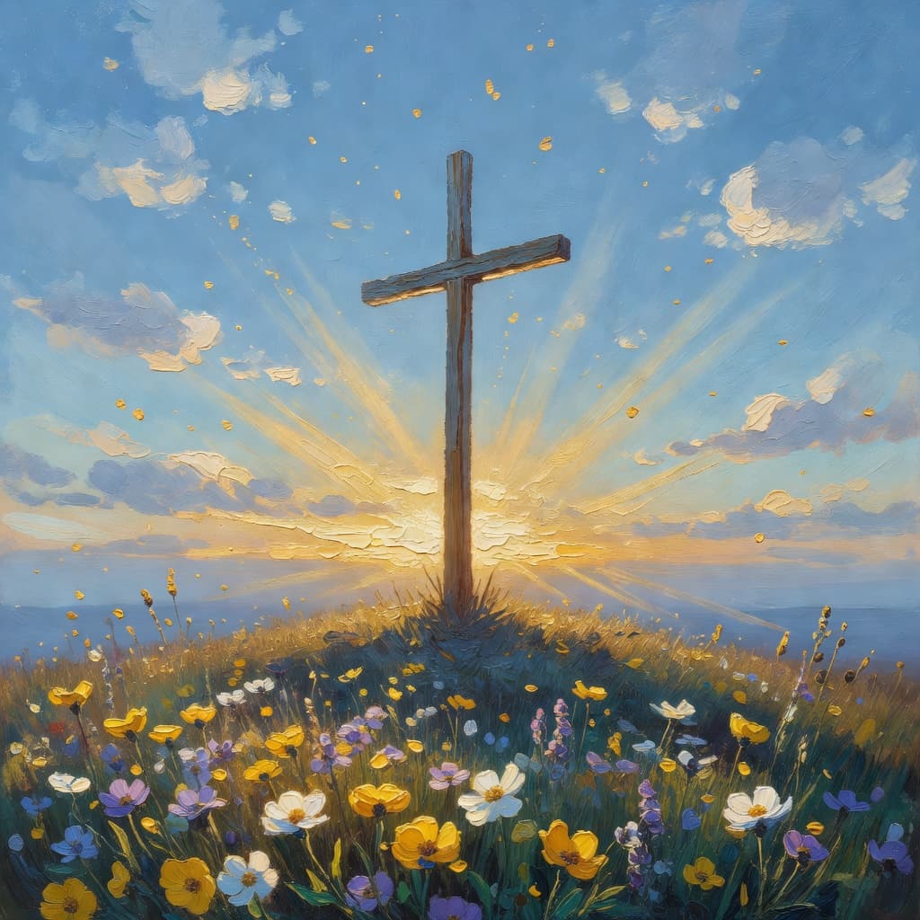 Impressionist oil painting of a serene celestial scene with open Bible and golden light, Sacred palette