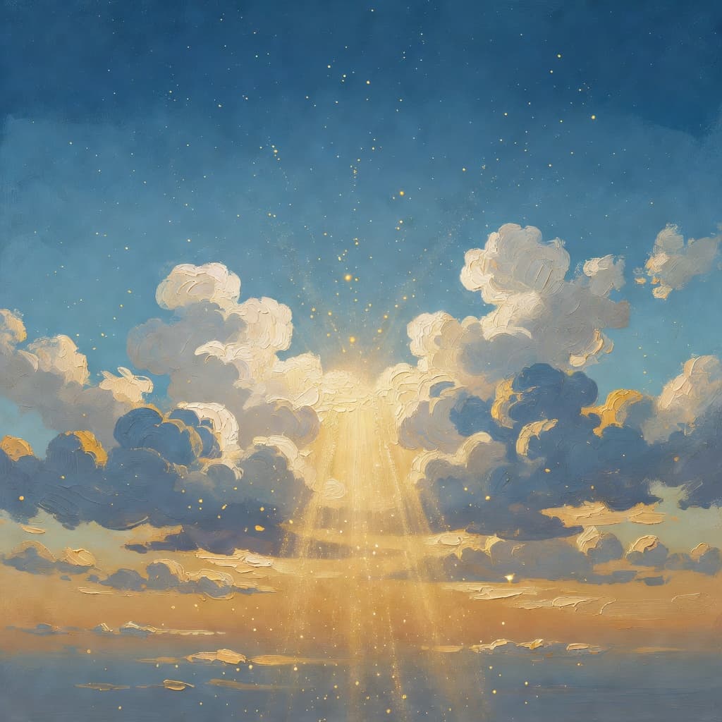 Pintura a óleo impressionista sobre O Que Significa Romanos 8 com luz dourada e nuvens sagradas
