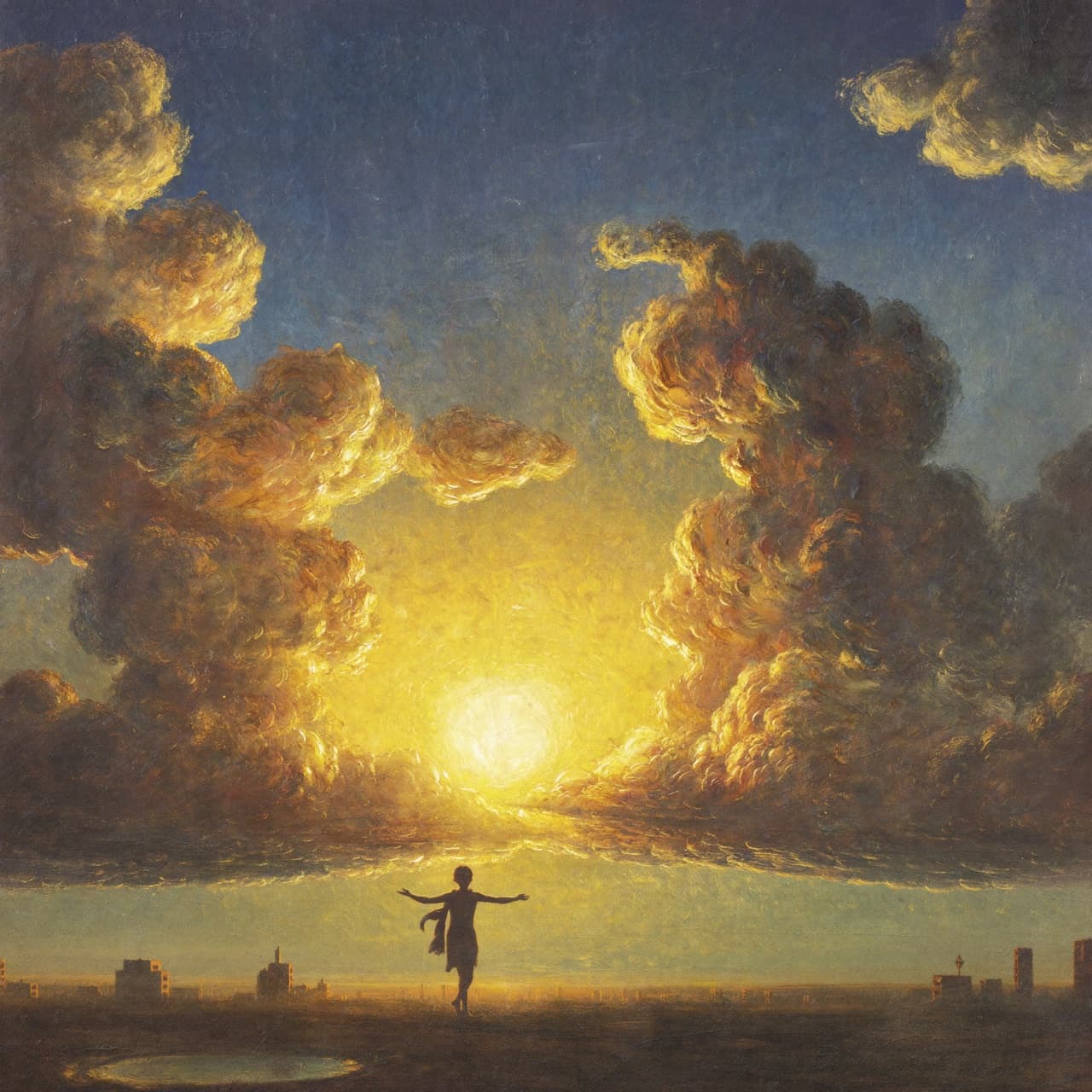 Pintura al óleo impresionista sobre Sofonías 3:17 con luz dorada y nubes sagradas