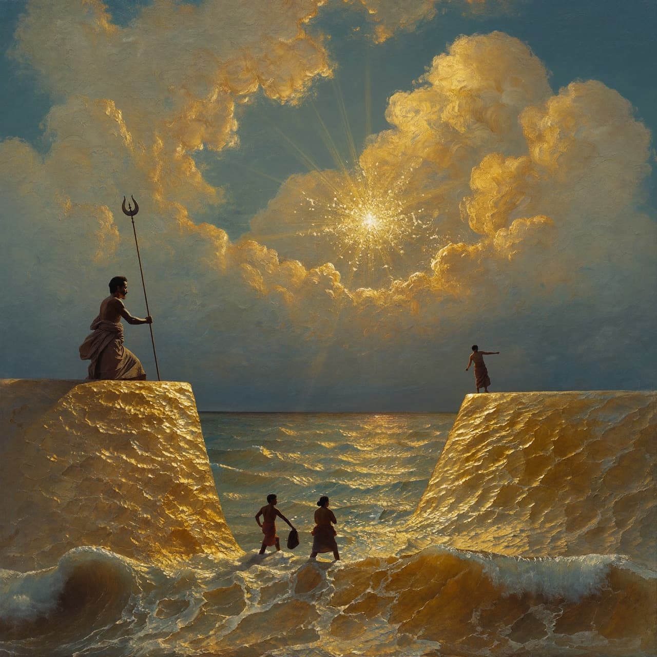 Impressionist oil painting about Moses parting the Red Sea with golden light and sacred clouds