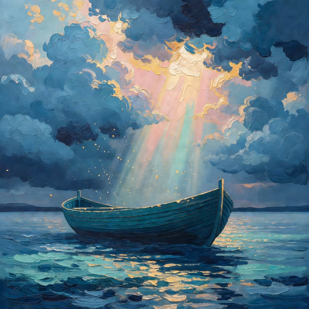 Impressionist oil painting about Noah and the Flood with golden light and sacred clouds
