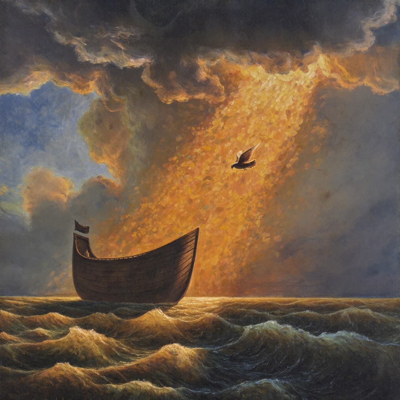 Impressionist oil painting about Noah's ark on the floodwaters with golden light and sacred clouds