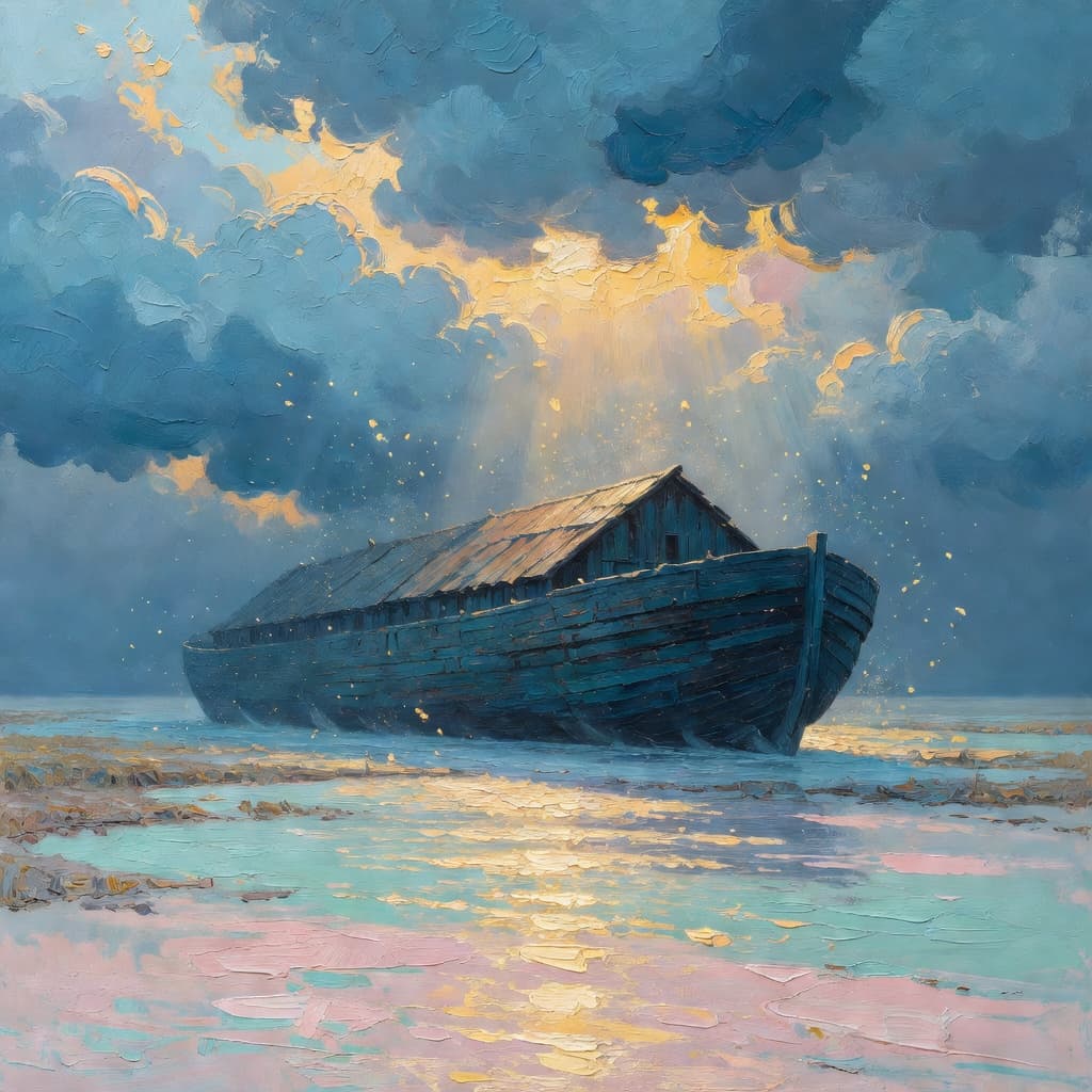 Impressionist oil painting about Noah and the Flood with golden light and sacred clouds