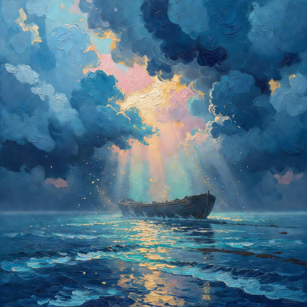 Impressionist oil painting about Noah and the Flood with golden light and sacred clouds
