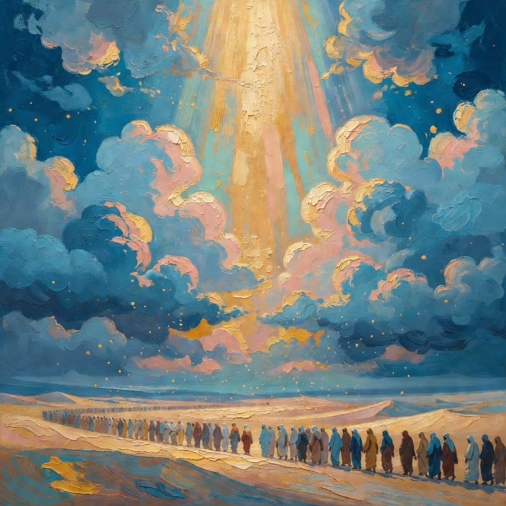 Pintura a óleo impressionista sobre O Êxodo do Egito com luz dourada e nuvens sagradas