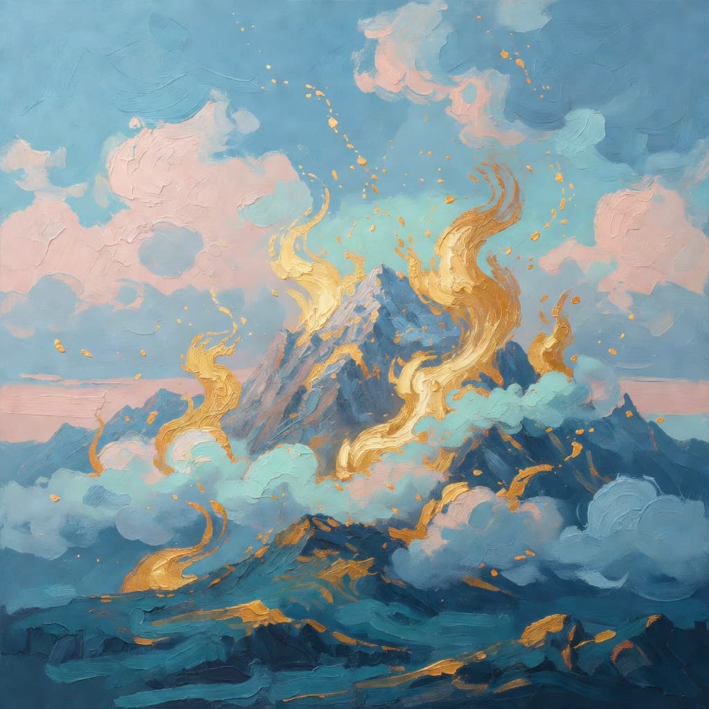 Impressionist oil painting about The Ten Commandments with golden light and sacred clouds