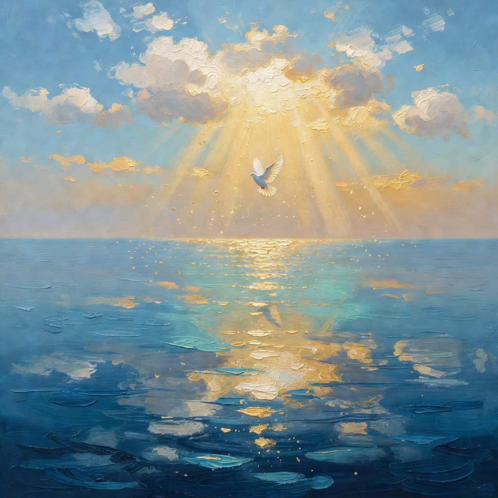 Impressionist oil painting of a sacred scene representing prayer for um batismo