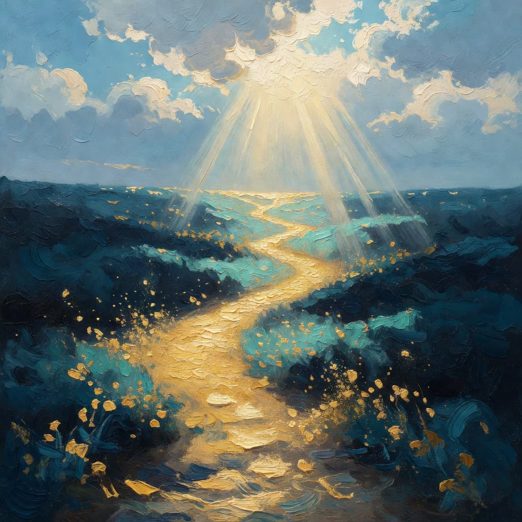 Impressionist oil painting of a serene scene related to contra a tentação, Sacred palette