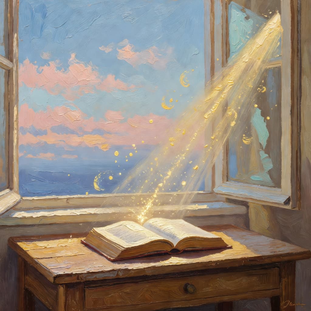 Impressionist oil painting of a serene scene related to antes de un examen, Sacred palette