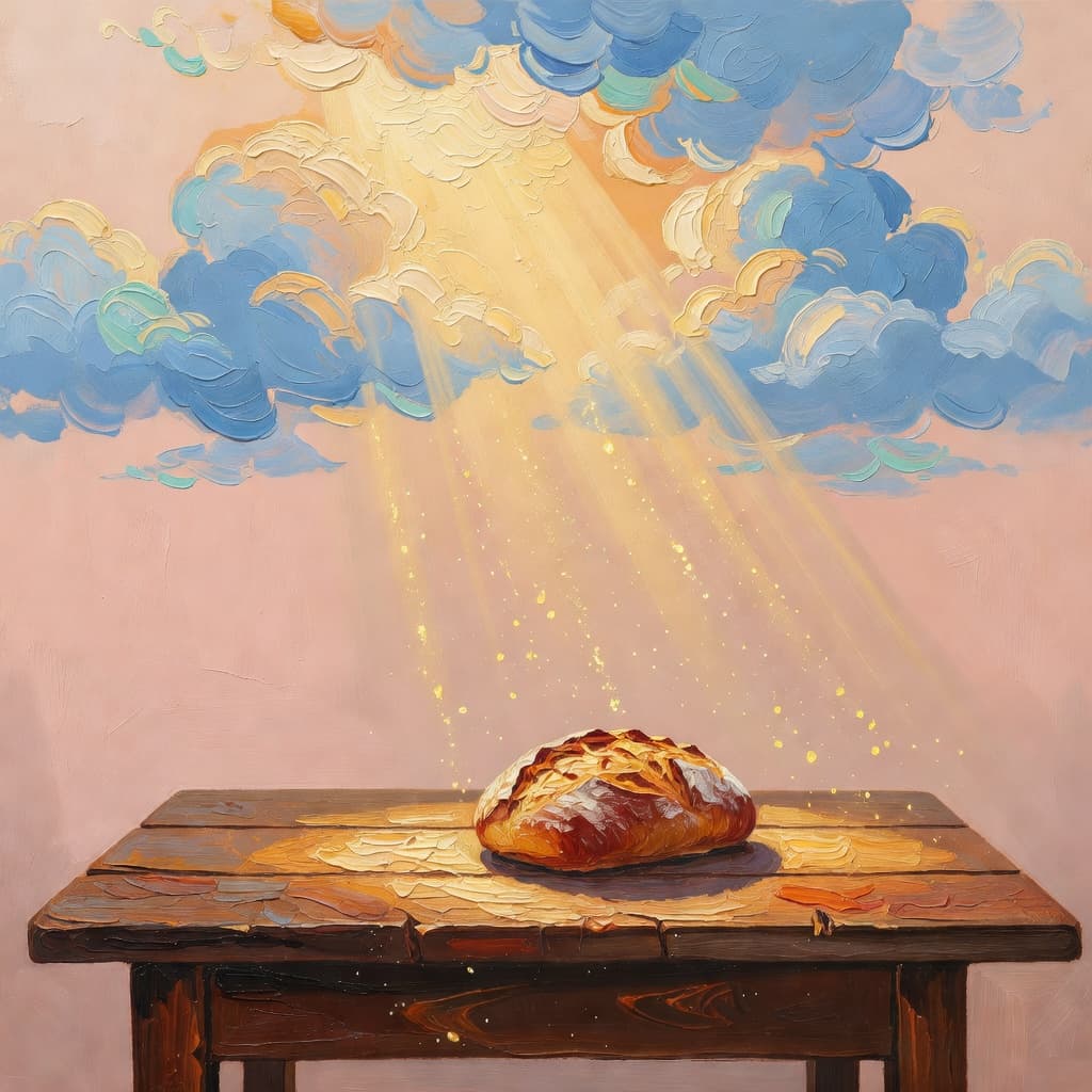 Impressionist oil painting of a serene scene related to before eating, Sacred palette