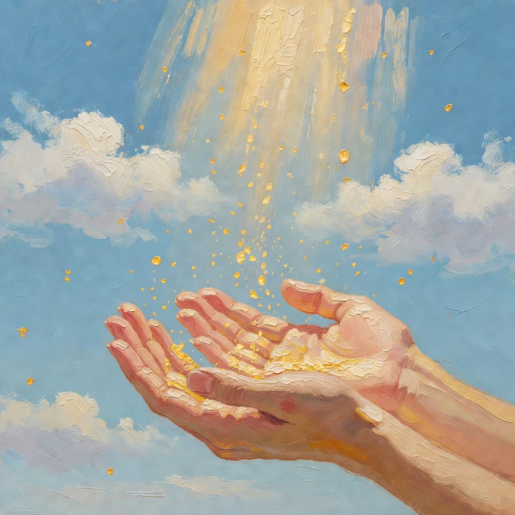 Impressionist oil painting of warm golden light flowing through clouds, representing divine comfort and trust