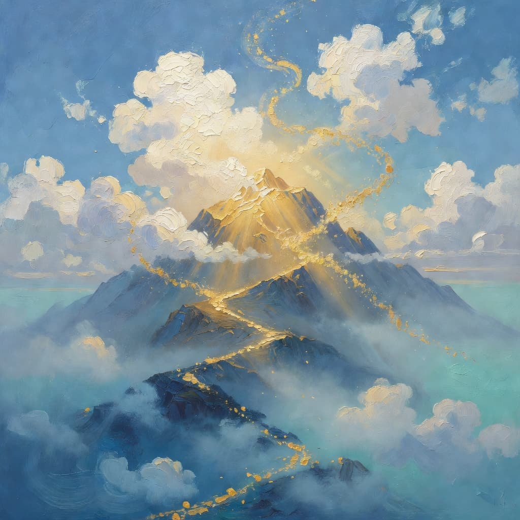 Pintura a óleo impressionista de uma cena serena relacionada à coragem, paleta Sacred