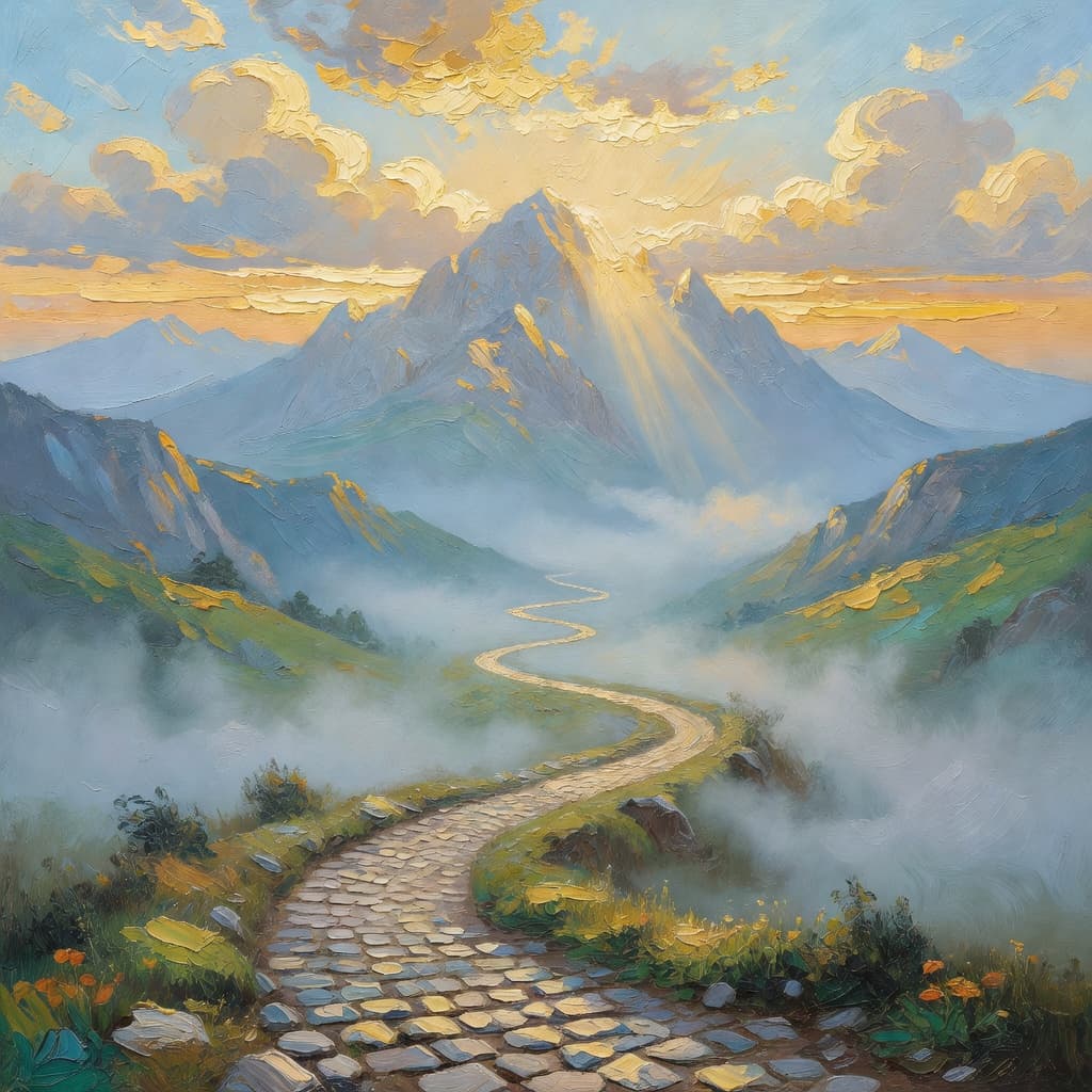 Impressionist oil painting depicting God's will in warm golden and blue tones