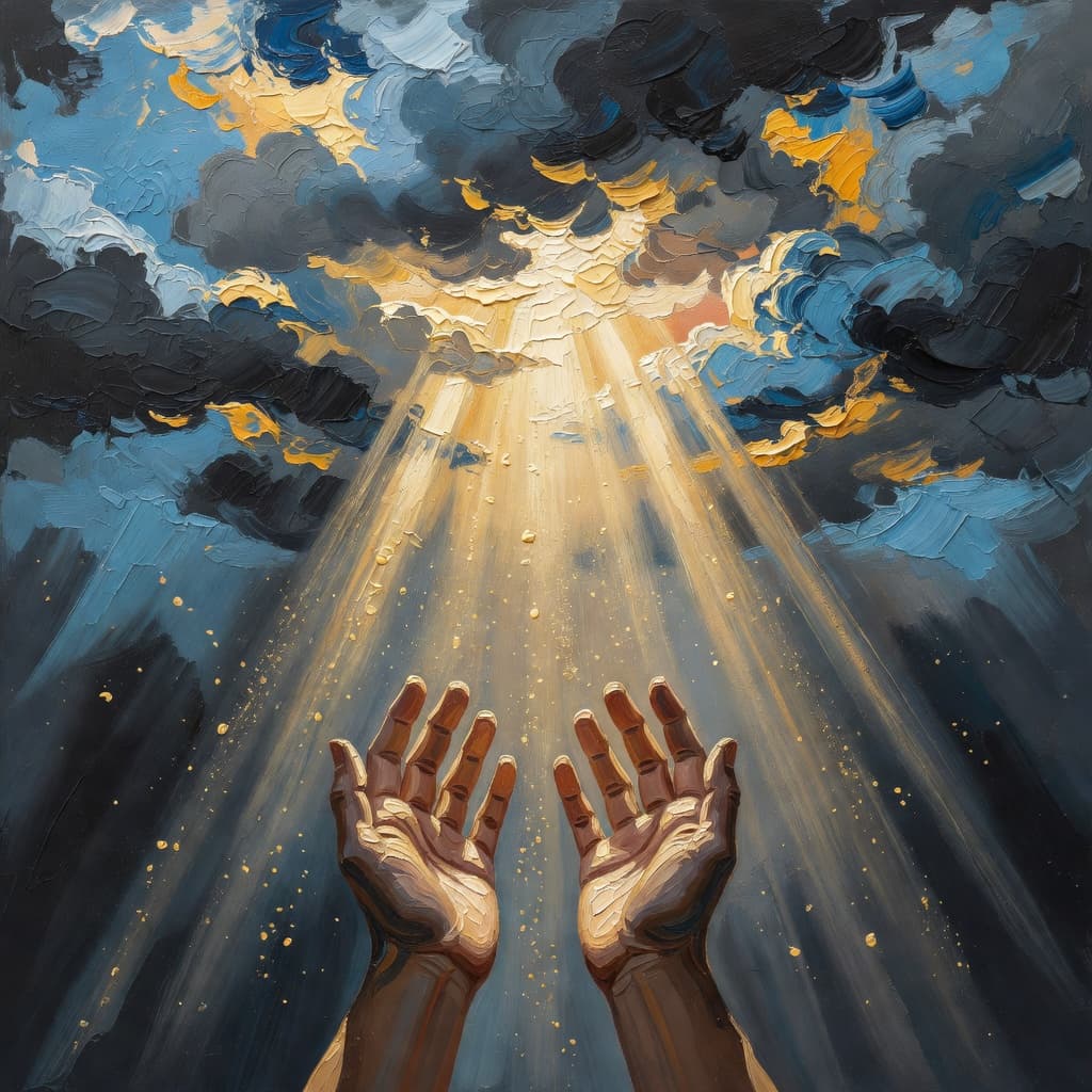 A person praying with hands clasped, symbolizing faith and connection with God