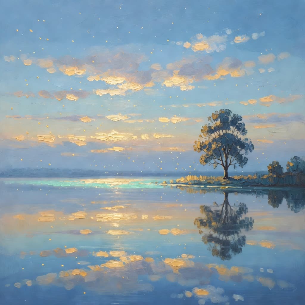 Impressionist oil painting of a serene scene related to patience, Sacred palette