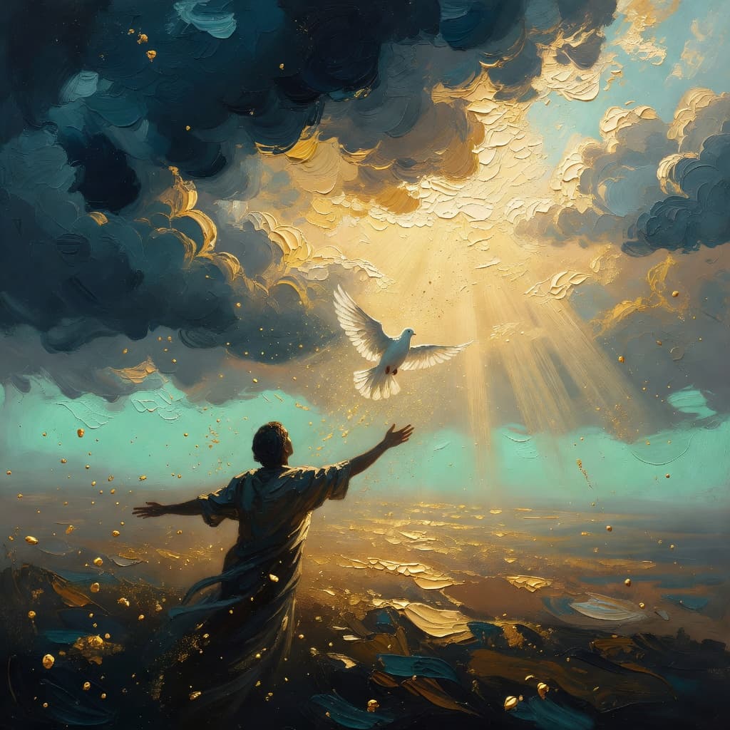 Impressionist oil painting of prayer and divine light in Sacred style