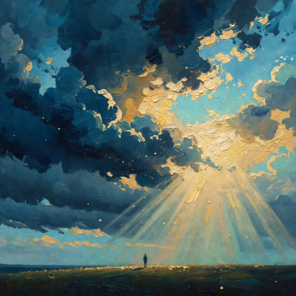 Impressionist oil painting of dramatic sky with light breaking through dark clouds, Sacred palette
