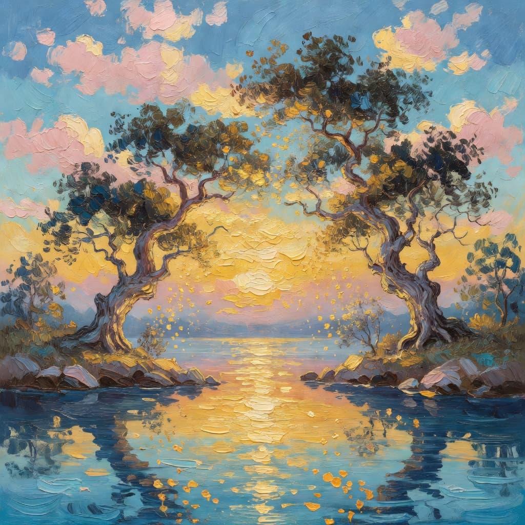 Impressionist oil painting of a serene scene related to seu casamento, Sacred palette