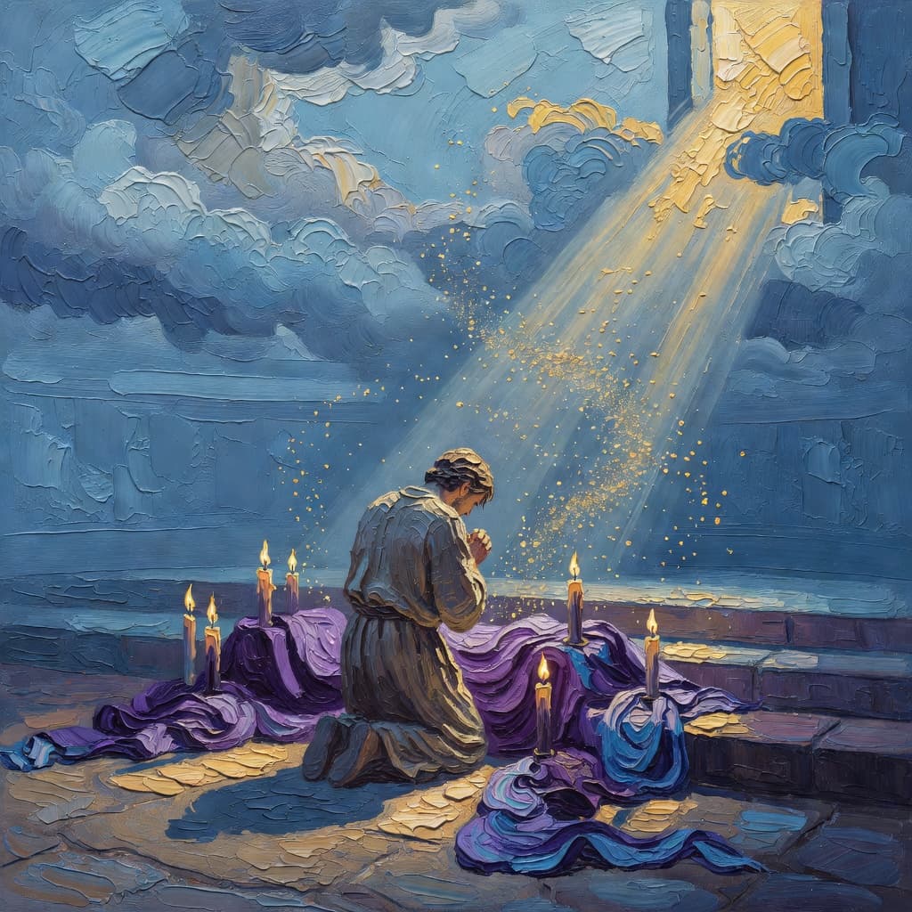 Pintura impresionista al óleo de una escena serena relacionada con oraciones para el tiempo de cuaresma, paleta Sacred