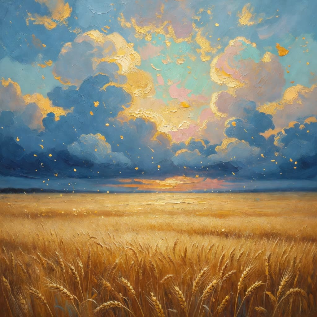 Impressionist oil painting about Boaz with golden light and sacred clouds