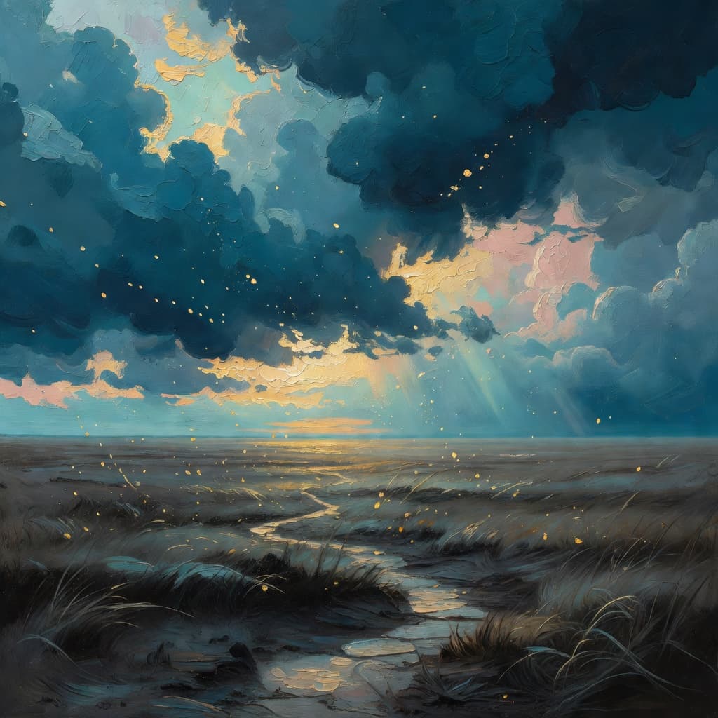 Pintura impressionista a óleo sobre Mateus, o cobrador de impostos, com luz dourada e nuvens sagradas