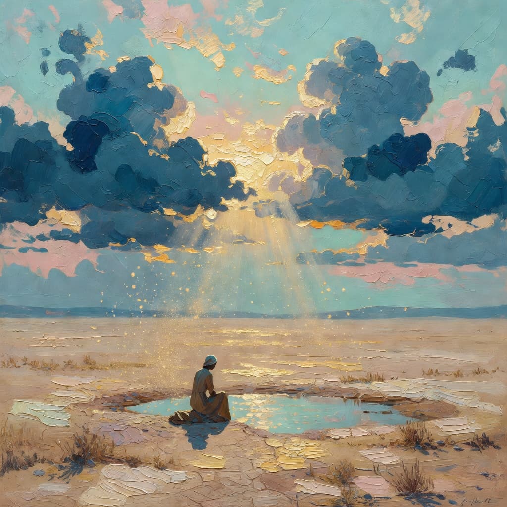 Impressionist oil painting about Thomas the Apostle with golden light and sacred clouds