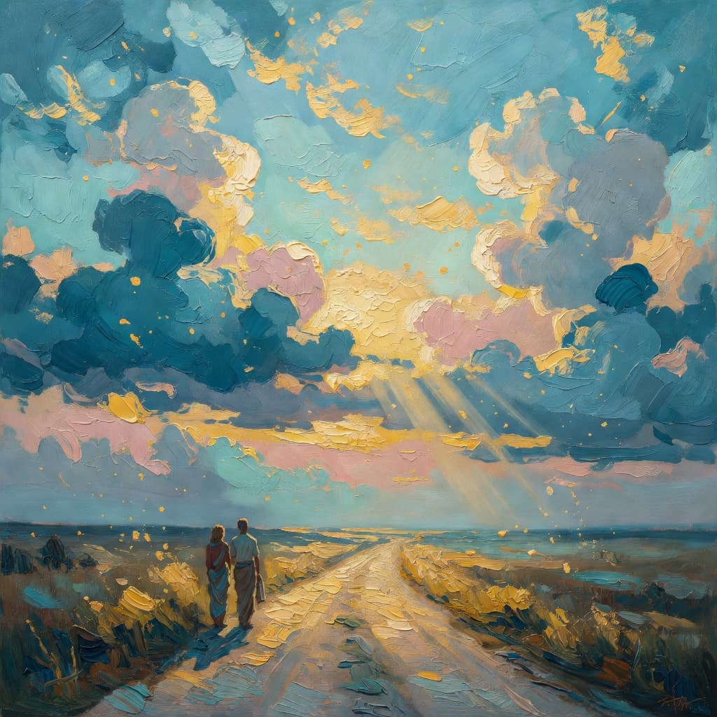Impresionante pintura al óleo sobre Priscila y Aquila con luz dorada y nubes sagradas