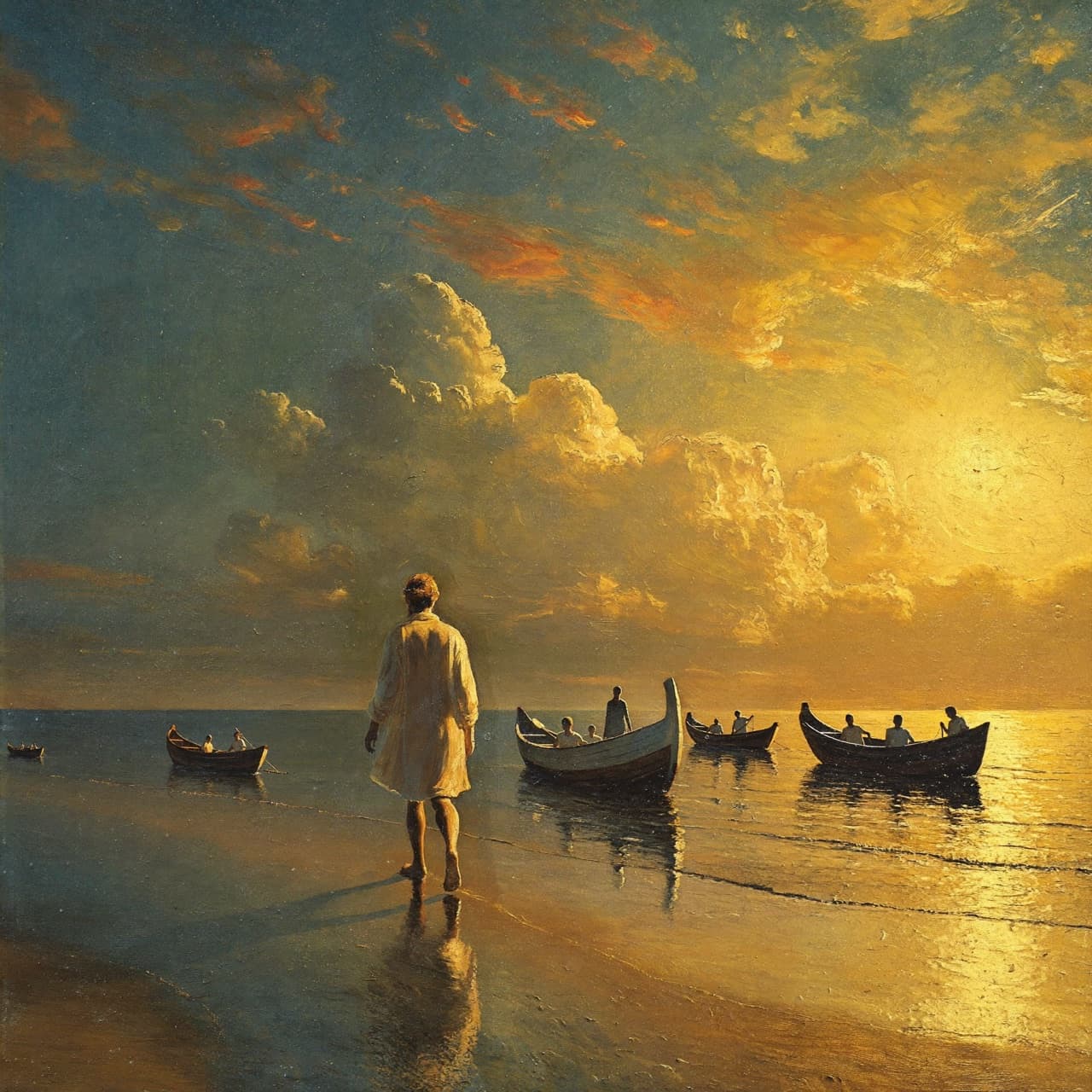 Impressionist oil painting about the life of Jesus with golden light and sacred clouds
