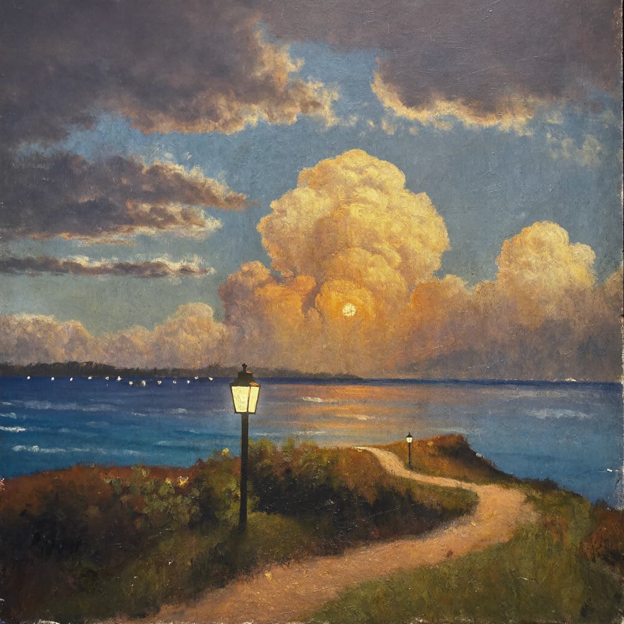 Impressionist oil painting about watching Bible stories together with golden light and sacred clouds