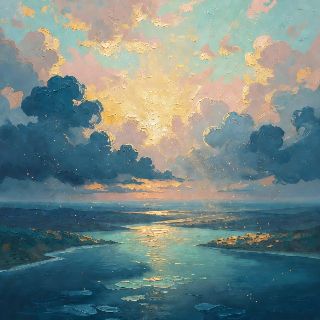 Impressionist oil painting about The Creation of the World with golden light and sacred clouds