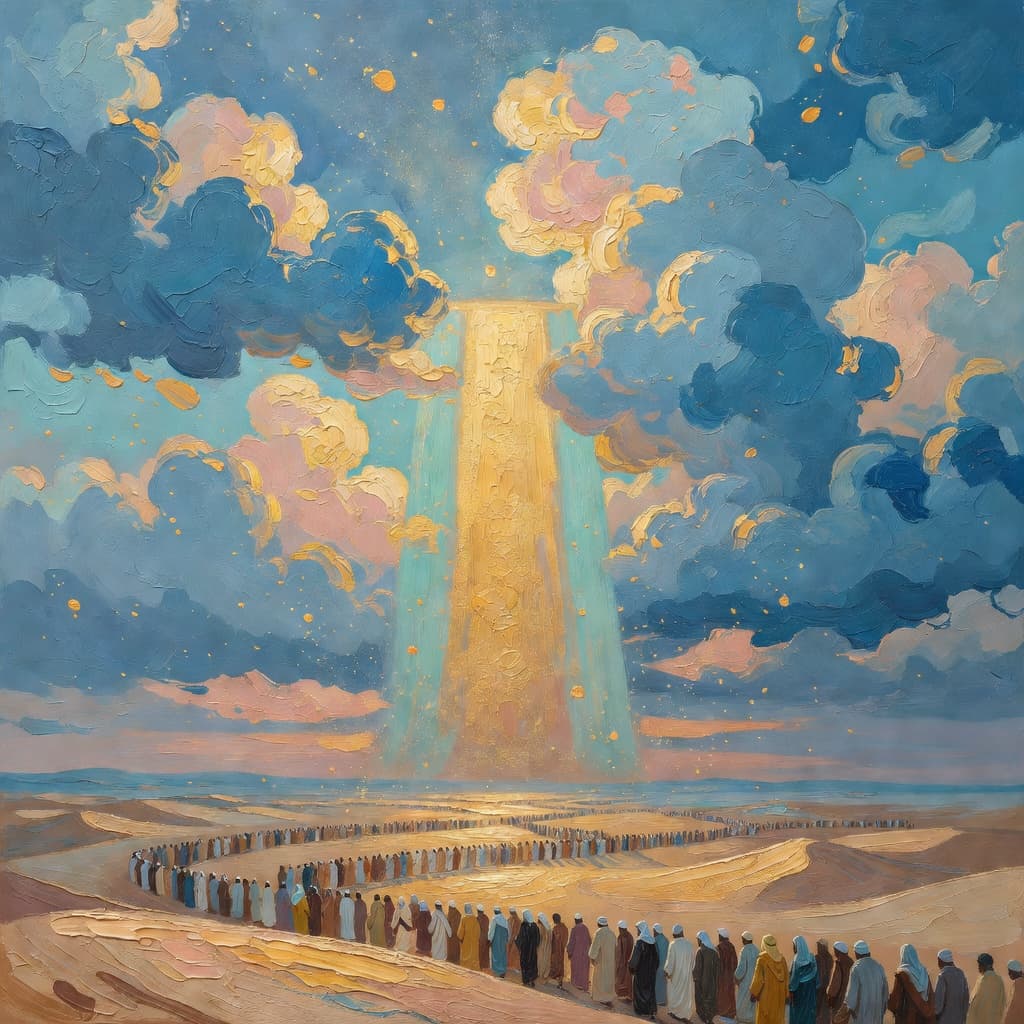 Impressionist oil painting about The Exodus from Egypt with golden light and sacred clouds