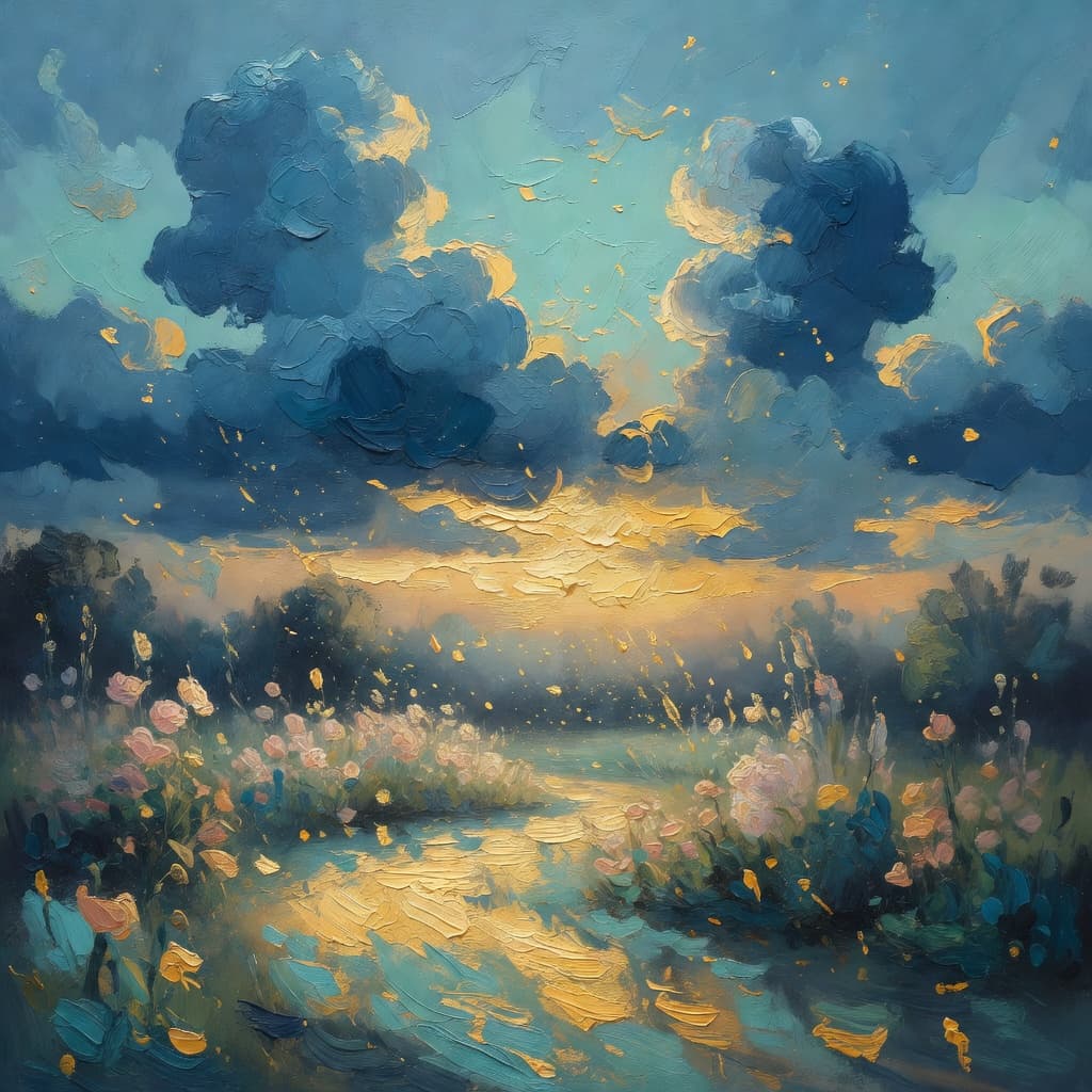 Impressionist oil painting about The Fall of Adam and Eve with golden light and sacred clouds