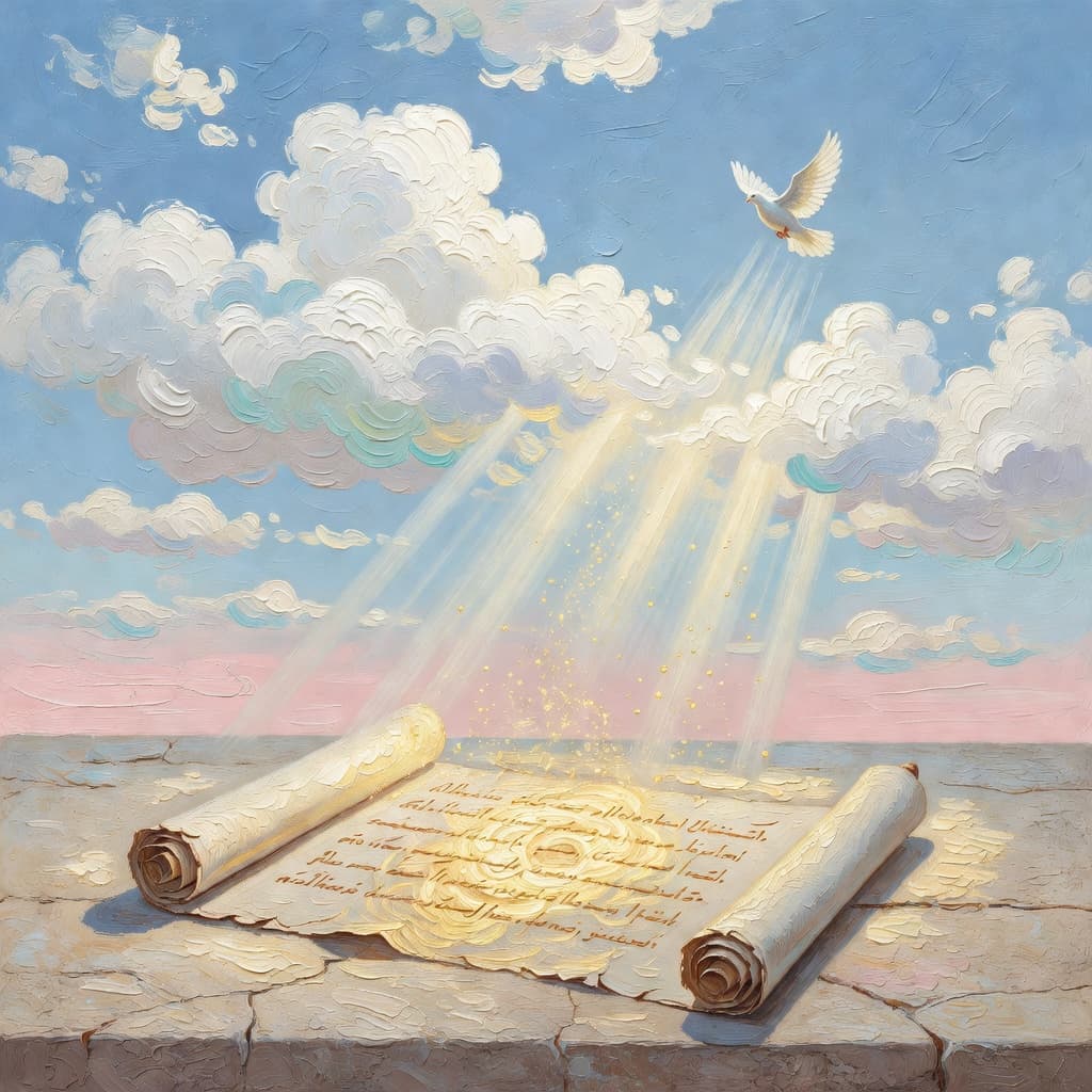 Impressionist oil painting of an ancient scroll with golden light and celestial sky, Sacred palette