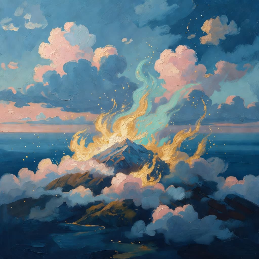 Impressionist oil painting about The Ten Commandments with golden light and sacred clouds