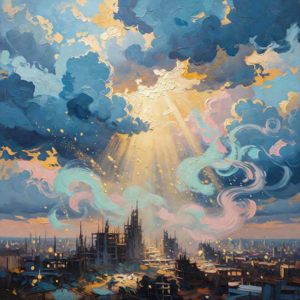 Impressionist oil painting about The Tower of Babel with golden light and sacred clouds