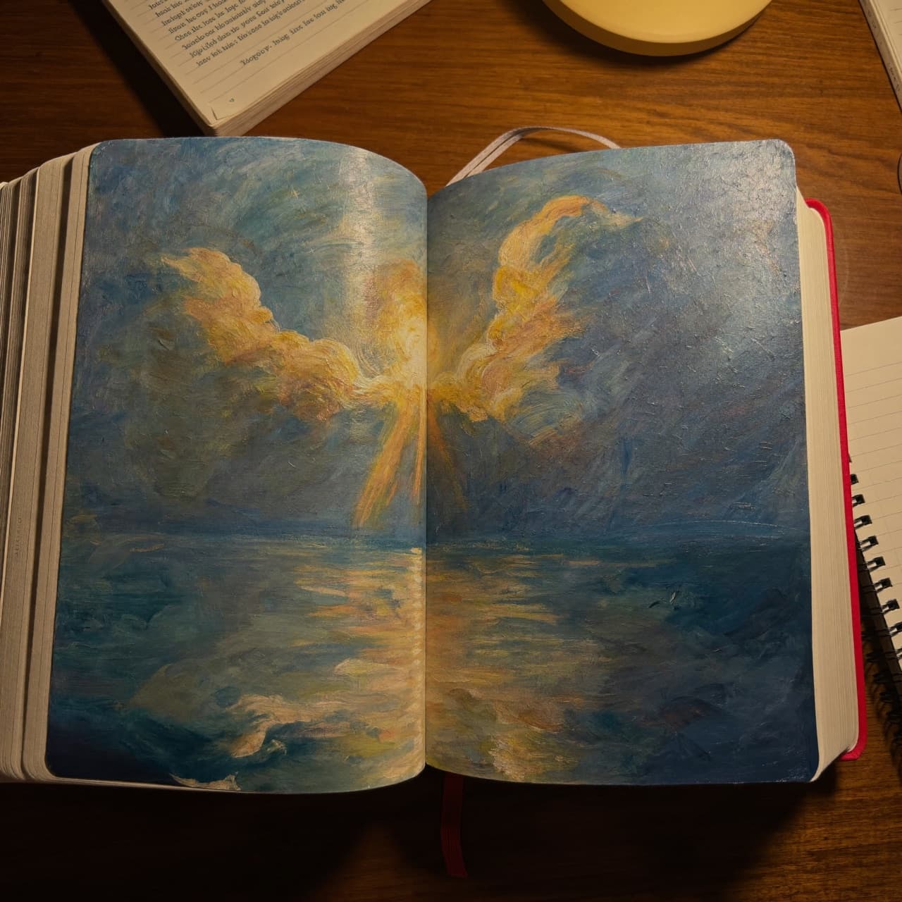 Impressionist oil painting about visual Bible study with golden light and sacred clouds