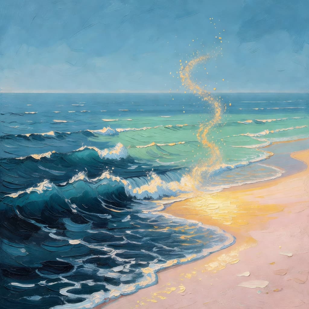 Pintura impresionista de olas turbulentas calmándose cerca de una orilla bañada en luz dorada