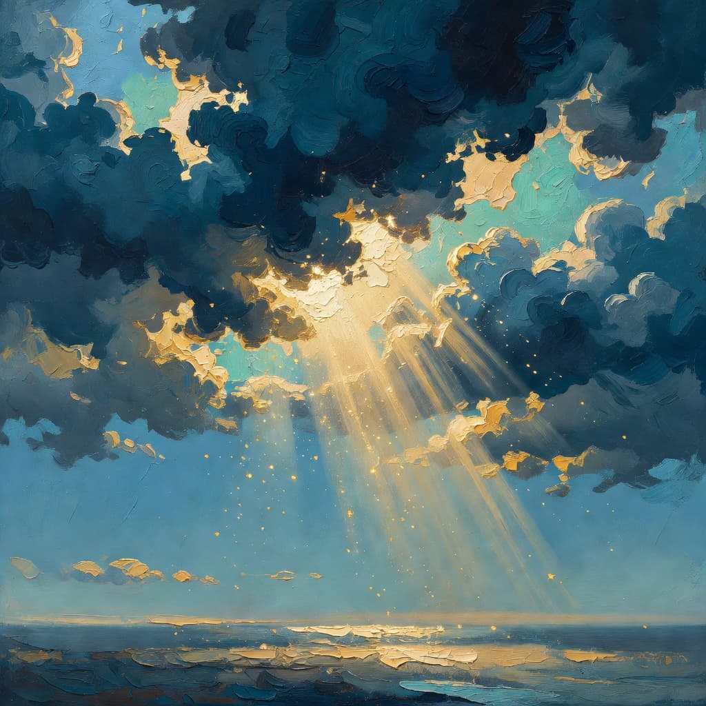 Impressionist oil painting of dark clouds breaking apart to reveal golden light