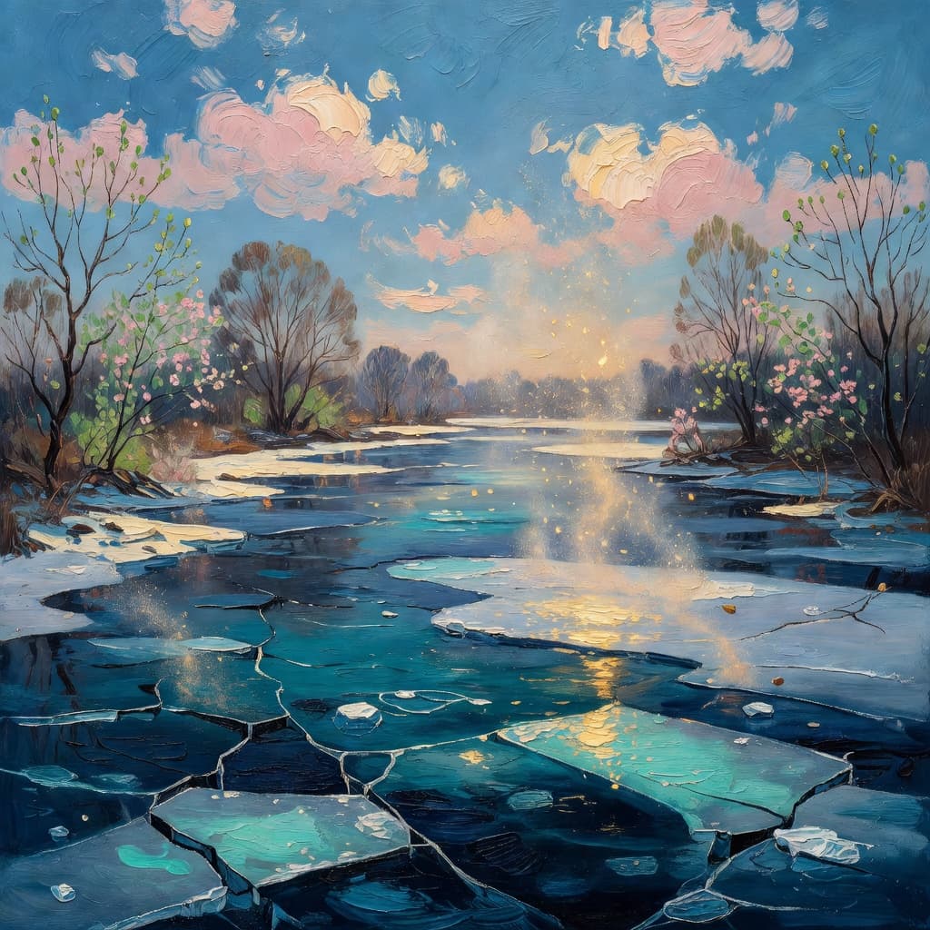 Pintura impresionista al óleo de un río congelado comenzando a deshelarse con hielo quebrándose