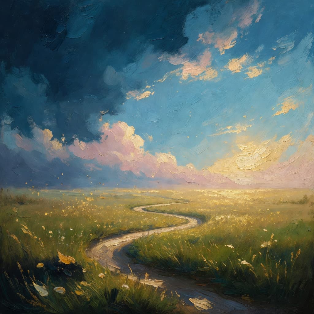 Pintura al óleo impresionista sobre La Perspectiva Bíblica sobre la Muerte y la Vida Eterna con luz dorada y nubes sagradas