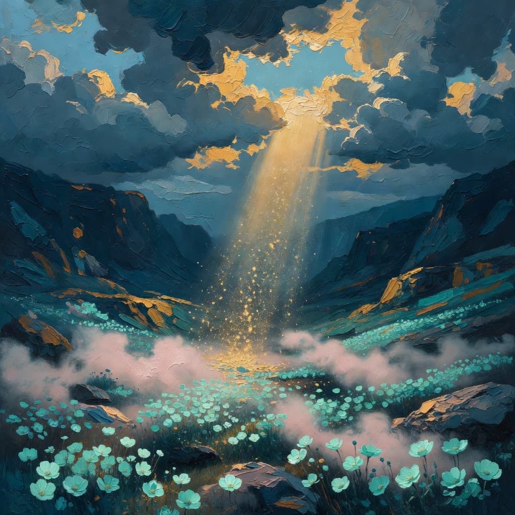 Pintura impressionista de luz rompendo nuvens sobre um vale profundo com flores silvestres