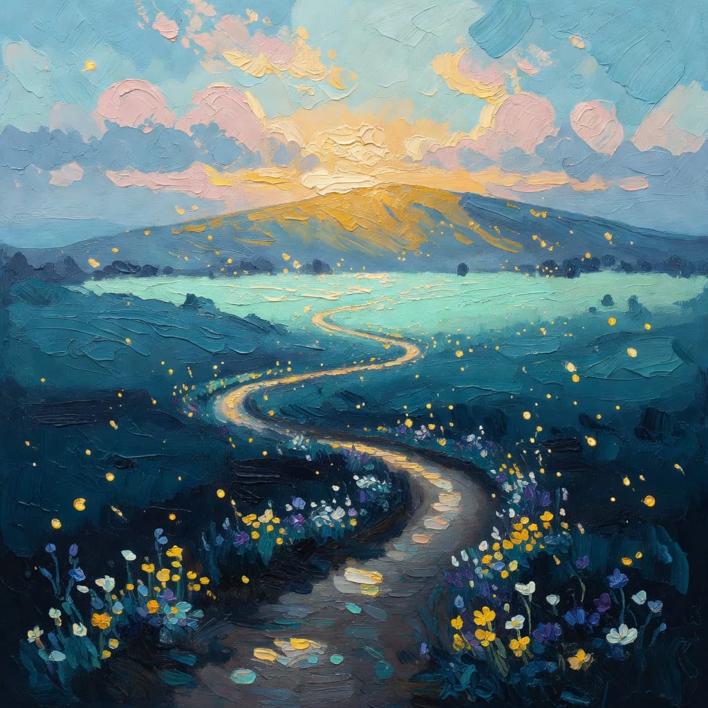 Pintura impresionista al óleo de un sendero serpenteante a través de un valle oscuro hacia una colina distante bañada en luz dorada