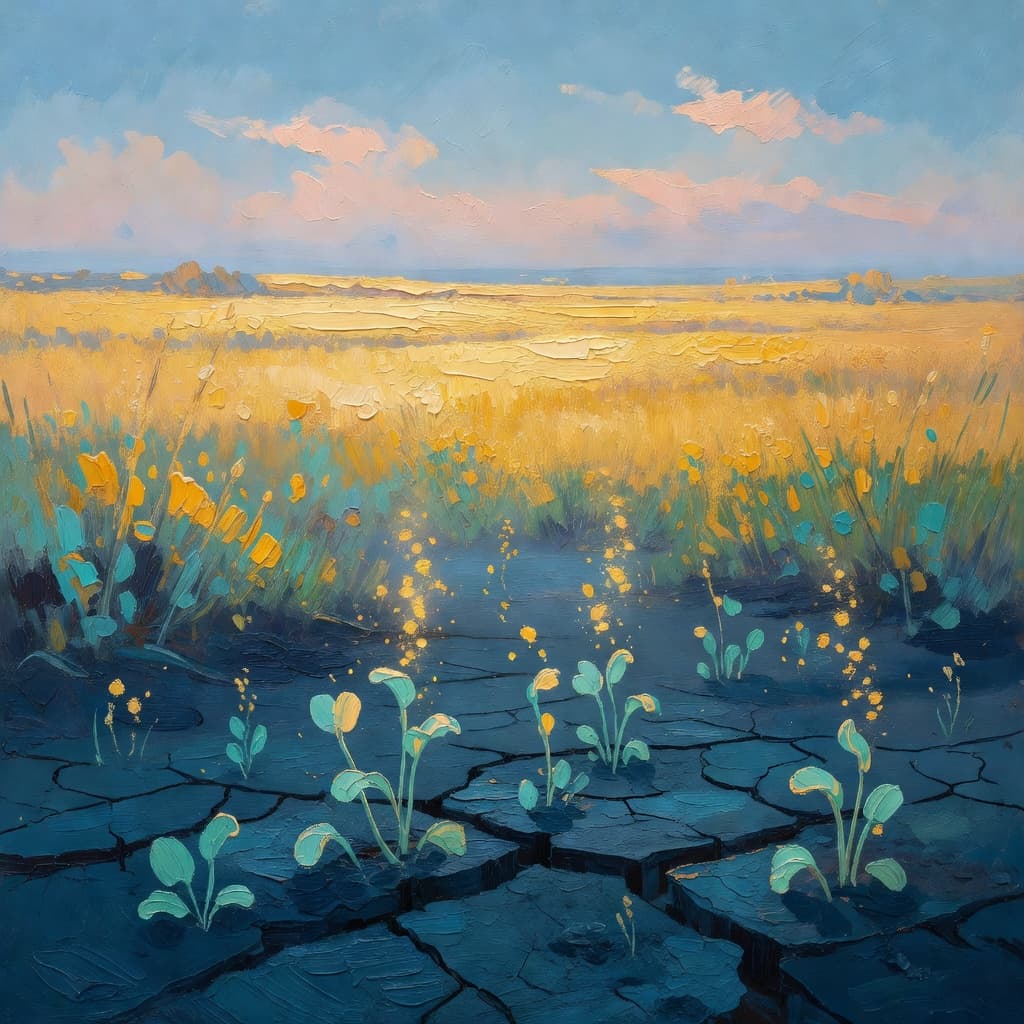 Impressionist oil painting of calm ocean waters reflecting golden sunset light with gentle clouds above