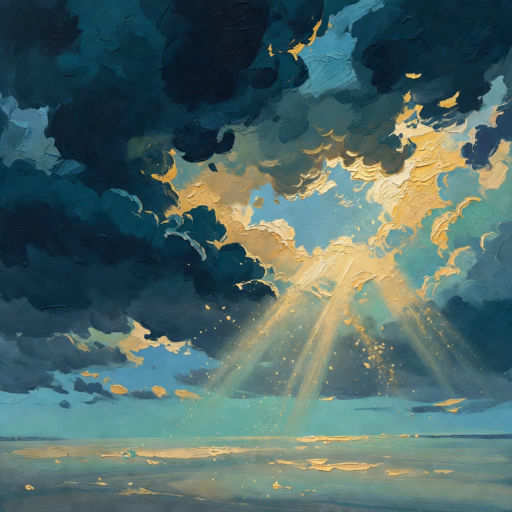 Impressionist oil painting of a luminous sky with golden light and clouds, evoking enemigos