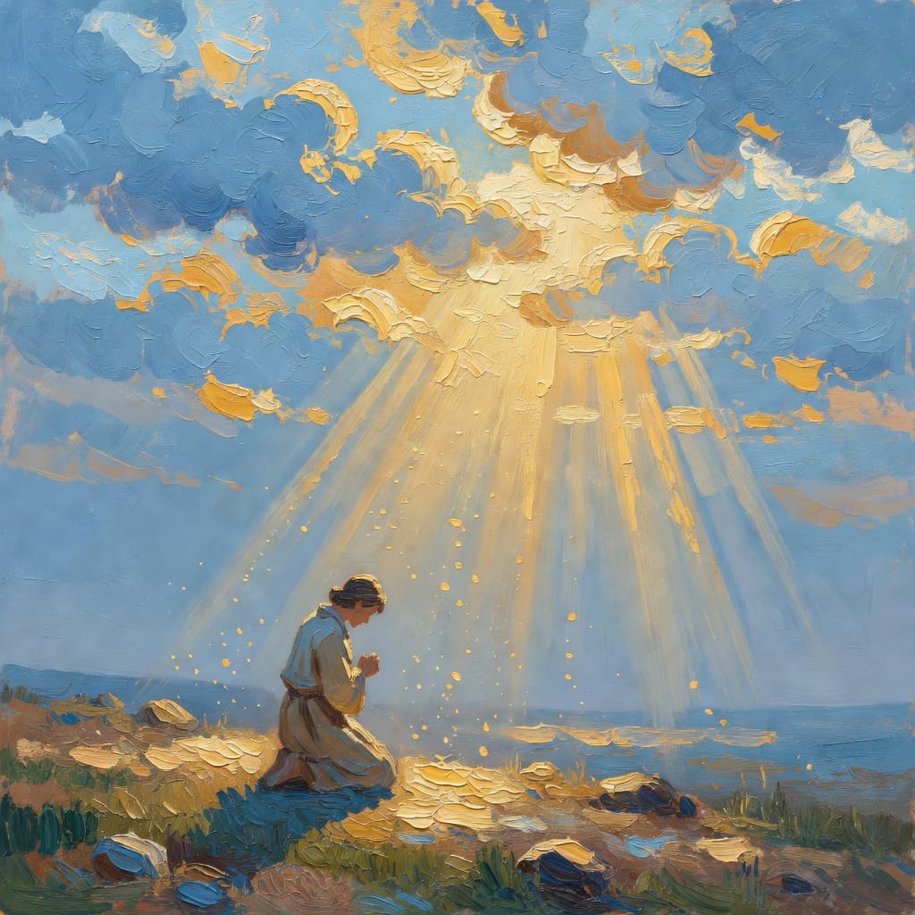 Impressionist oil painting depicting faith in warm golden and blue tones